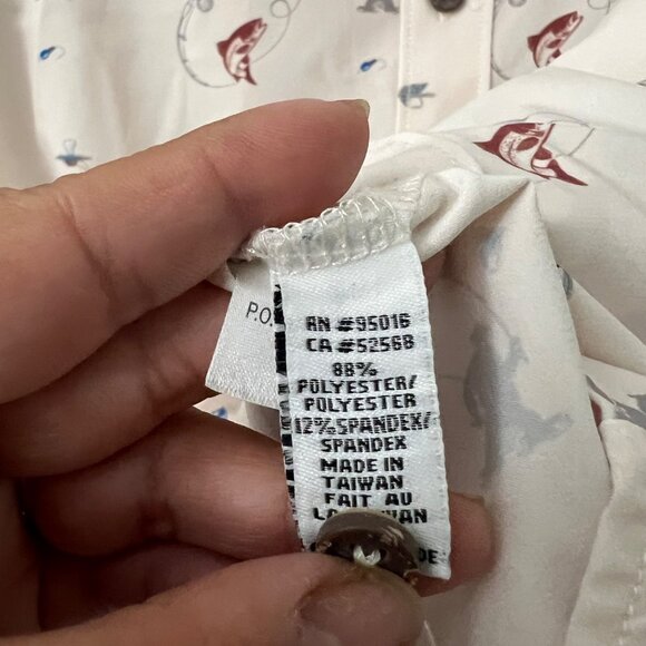 Straight Down Beige Fishing Salmon Lyre Print Short Sleeve Button Shirt XL - Picture 7 of 7